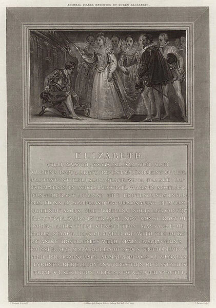 Admiral Drake knighted by Queen Elizabeth (engraving)