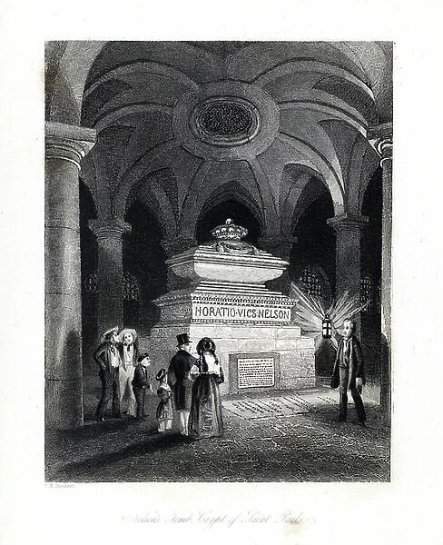Admiral Horatio Nelson's tomb in the crypt of St. Paul's Cathedral. Steel engraving by Henry Melville after an illustration by Thomas Hosmer Shepherd from London Interiors, Their Costumes and Ceremonies, Joshua Mead, London, 1841