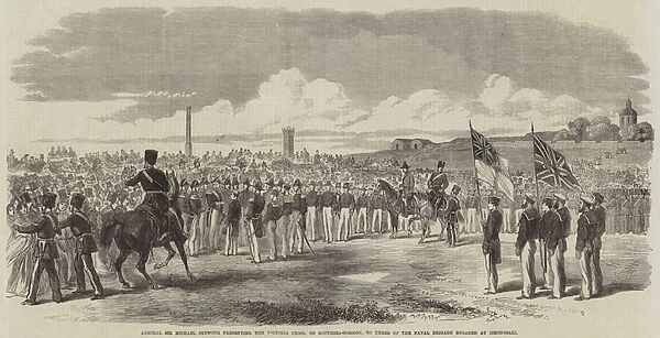 Admiral Sir Michael Seymour presenting the Victoria Cross, on Southsea-Common, to Three of the Naval Brigade engaged at Simonosaki (engraving)