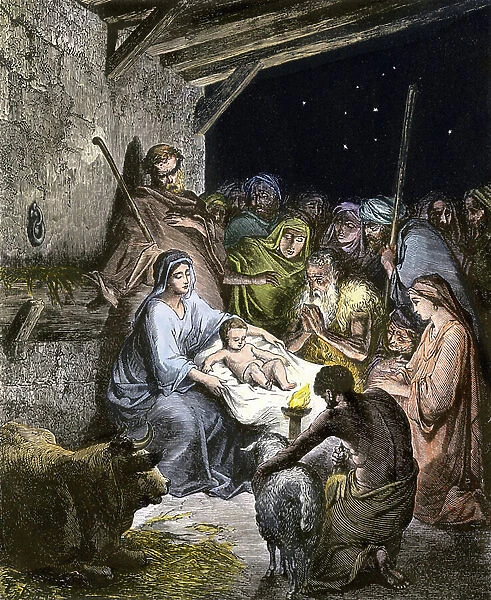 The adoration of the shepherds after the birth of Jesus in Bethlehem