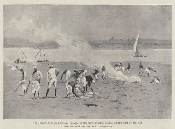 The Advance towards Dongola, Cholera in the Camp, burning Rubbish on the Bank of the Nile (engraving)