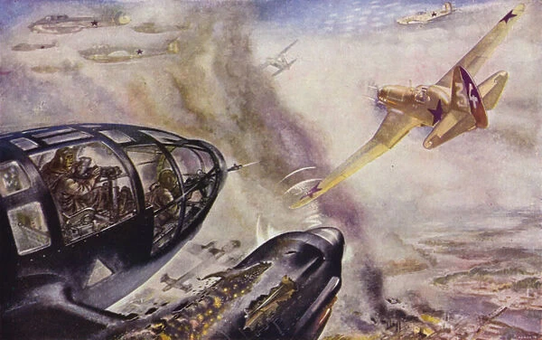 Aerial dogfight between a German Heinkel III bomber and a Russian Mig 3 fighter, World War II, 1943-1944 (colour litho)