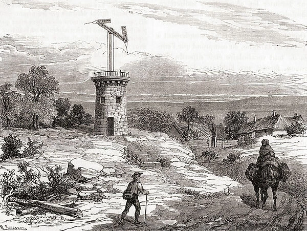 An aerial telegraph post in the 18th century, from Les Merveilles de la Science