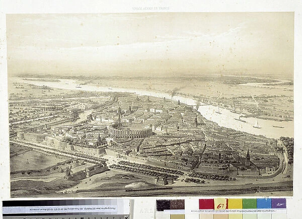 Aerian view of the city of Arles. 19th century lithography, Musee Arbaud, Aix en Provence