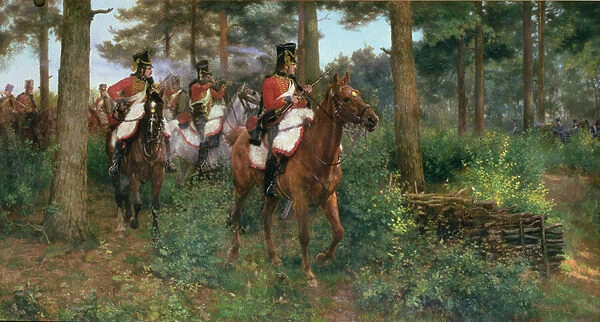 An Affair of Outposts, the 9th Hussars of Napoleons 1st Army 1806 (oil on canvas)