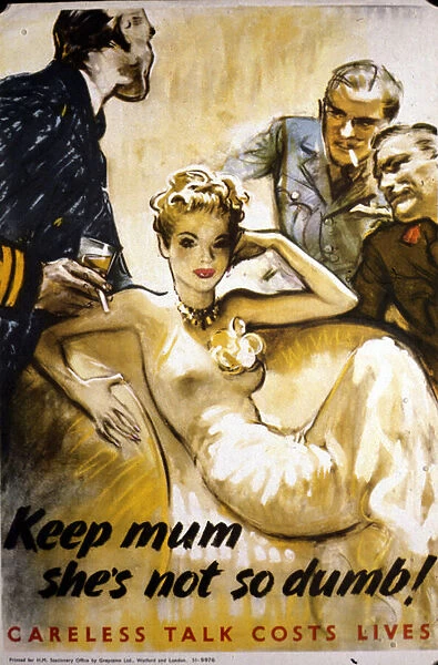 Affiche anglaise de 1940 representant une jeune femme elegante entouree de soldats