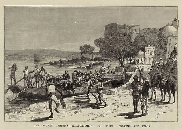 The Afghan Campaign, Reinforcements for Cabul, crossing the Indus (engraving)