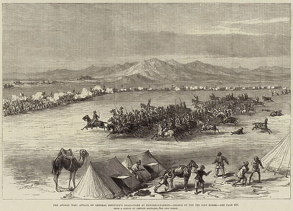 The Afghan War, Attack on General Biddulphs Rear-Guard at Khushk-I-Nakhud, Charge of the 3rd Sind Horse (engraving)