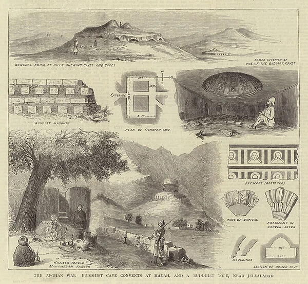 The Afghan War, Buddhist Cave Convents at Hadah, and a Buddhist Tope, near Jellalabad (engraving)