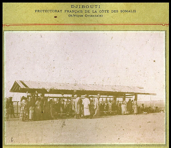 Africa (Somalis Coast), Djibouti: Marche shelters outdoors with butchers, 1890
