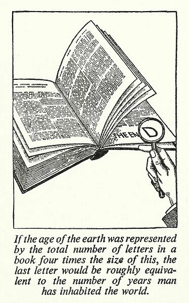 If the age of the earth was represented by the total number of letters in a book four times the size of this, the last letter would be roughly equivalent to the number of years man has inhabited the world (litho)