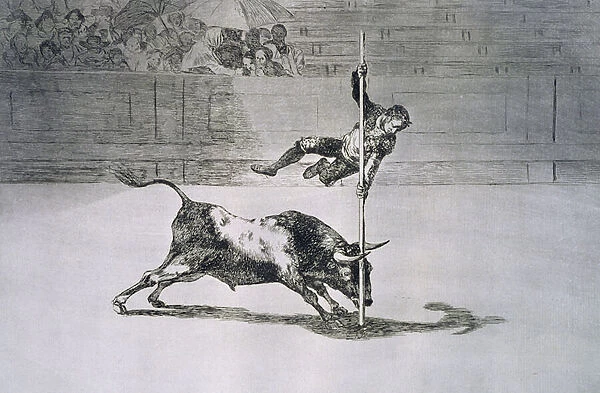 The agility and audacity of Juanito Apinani in the ring at Madrid, plate 20 of The Art of Bullfighting, pub. 1816 (etching)