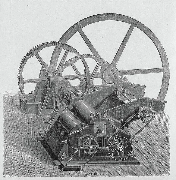 Agriculture. Sugar making. Sugar cane mill. Engraving in: Grands hommes et grands faits de l'industrie, France, c.1880 (engraving)