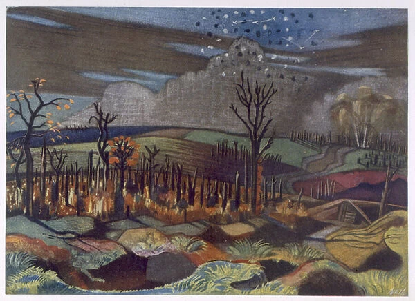 Air Fight at Wytschaete, from British Artists at the Front, Continuation of The Western Front, Part Three, Paul Nash, 1918 (colour litho)