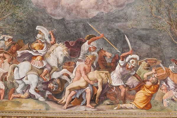 Ajax protecting Patrocluss corpse during the battle of Troy, The Trojan Horse, Chamber of Troy (Sala di Troia), 1538 - 1539