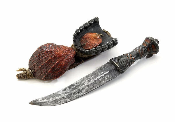 Akan dagger (people of West Africa) and its scabbard, c.1800 (steel and leather)