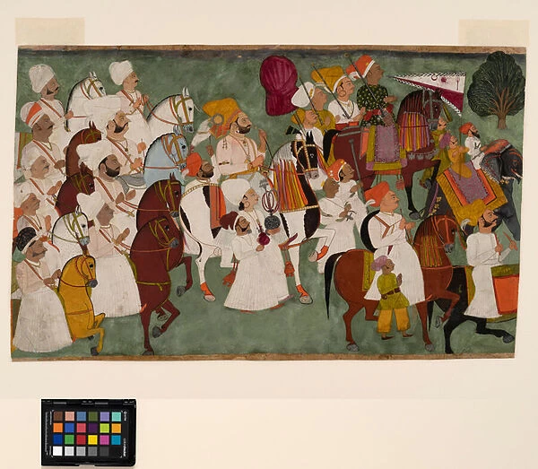 Akhi Singh riding with his entourage, c. 1750 (opaque w  /  c and gold on paper)