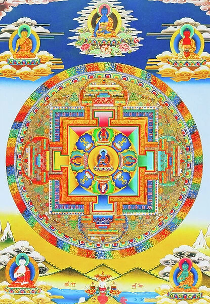Akshobhya Mandala, depicting the imperturbable Buddha as Bhumi Sparsa Mudra with the earth bearing witness to his enlightment (gouache on cloth)