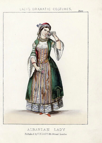 Albanian lady in national costume, 19th century. Handcoloured lithograph from Thomas Hailes Lacy's ' Female Costumes Historical, National and Dramatic in 200 Plates, ' London, 1865