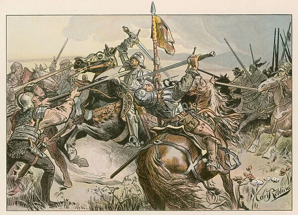 Albert Achilles in battle against Nuremberg in 1449. (colour litho)