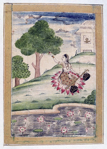 Album of Ragamala, female musician kneeling on lotus petals seated by a pool with lotus flowers in bloom. 19th century (Indian miniature from the Rajasthan School with Mughul influence)