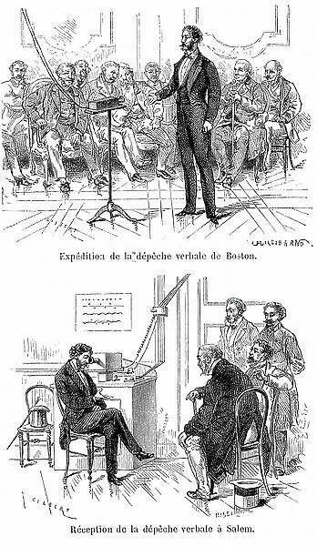 Alexander Graham Bell (1847-1922) Scottish-born American inventor, lecturing on his telephone at Salem (top) while friends in his study at Boston listen to his lecture - 12 February 1877. Wood engraving published Paris 1890