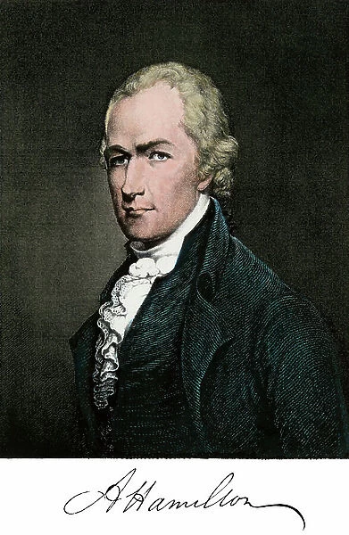 Alexander Hamilton (1757-1804), with autograph. Hand-colored engraving of an 18th-century portrait