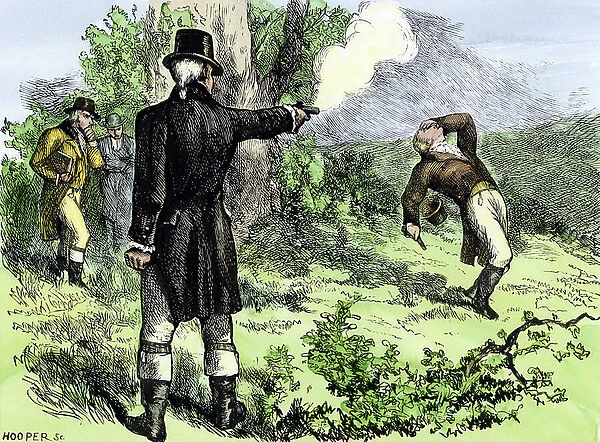 Alexander Hamilton (1757-1804) killed in a duel by Aaron Burr (1755-1836), at Weehawken, New Jersey 1804. Colouring engraving of the 19th century