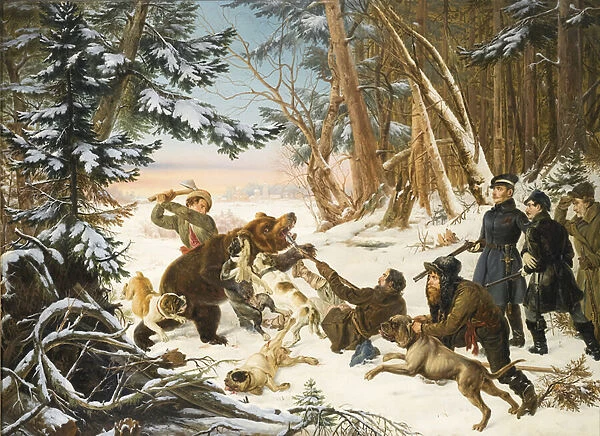 Alexandre II (empereur de Russie) (1818-1881) - The Tsarevich Alexander Nikolaevich on a Bear hunt on the Outskirts a Moscow par Grashof, Otto (1812-1876), 1843 - Oil on canvas, 109x148 - Private Collection