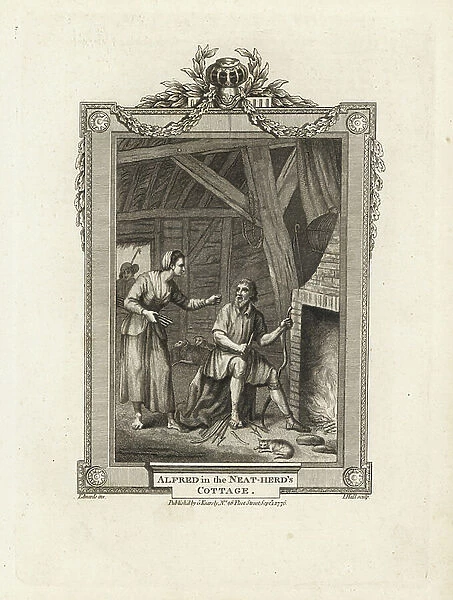 Alfred the Great (846-899) is rebuked by the peasant who entrusted him with the supervision of cakes he let burn - King Alfred burning the cakes in the neat-herd's cottage. Copperplate engraving by J
