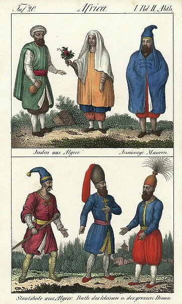Algerian costumes: Jewish couple from Algiers and a Moorish resident in a hooded cape. Below, members of the National Guard, couch councillors of different rank of dignite