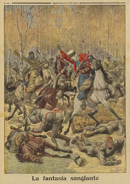 Algerian goumiers of the French Army defeating a larger group of German cavalry, World War I, 1915 (colour litho)