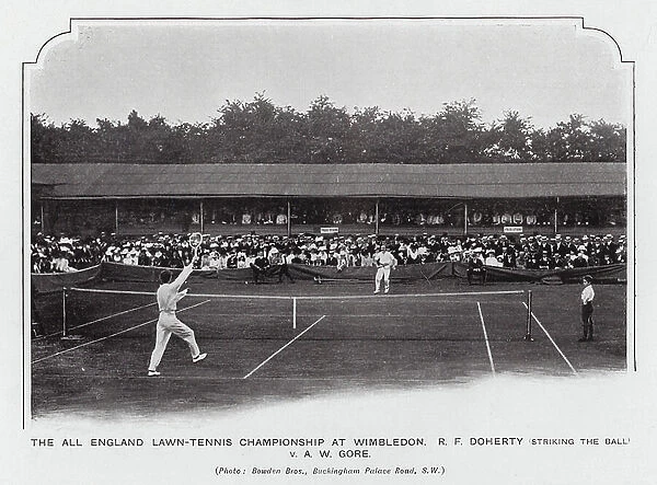 The All England Lawn-Tennis Championship at Wimbledon, R F Doherty, striking the ball, v A W Gore (b / w photo)