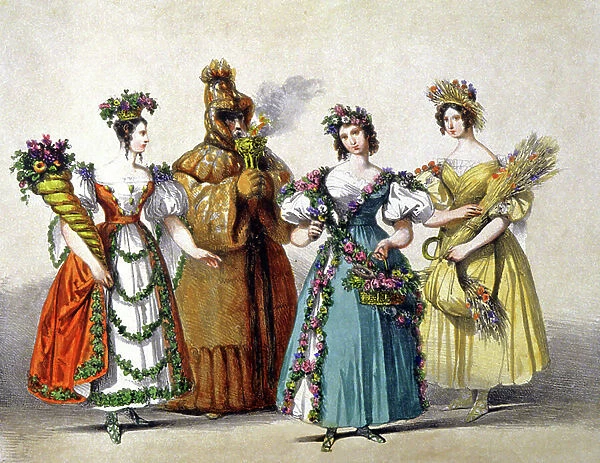 Allegorical costumes at a ball : the 4 seasons, c.1820-1830 (litho)