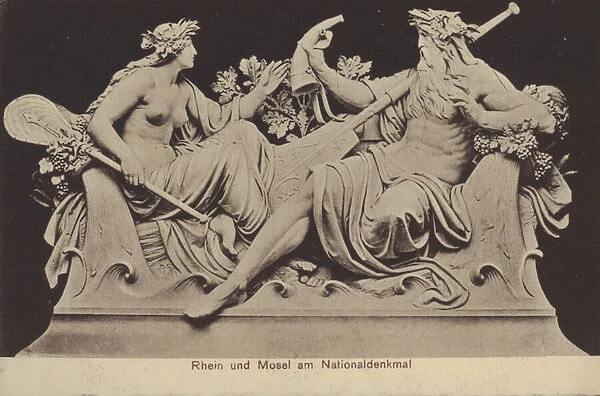 Allegorical figures representing the Rhine and the Mosel on the Nationaldenkmal, monument commemorating the unification of Germany, Rudesheim am Rhein, Hesse (b  /  w photo)