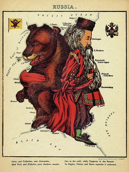 Allegorical representation of Russia in the form of a gentleman and a brown bear. English lithograph by William Harvey dit Aleph (1796-1866) in ' Geographical Fun Atlas ', circa 1869