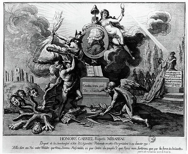 Allegorical tribute to the portrait of Honore Gabriel (Honore-Gabriel) Riqueti, Count of Mirabeau (1749-1791), referring to his words against the king on behalf of the people. Engraving of the 19th century Musee Paul Arbaud, Aix en Provence
