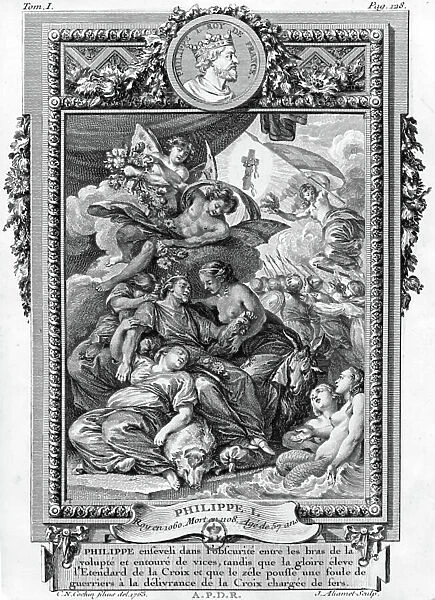 Allegory of French king Philip 1st (1052-1108) king in 1060-1108, engraving by Aliamet after Charles Nicolas Cochin, 1765