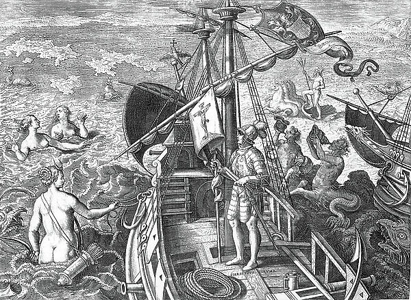 Allegory showing Christopher Columbus (1451-1506) holding a banner with a crucifix, on a boat surrounded by sea creatures, engraving