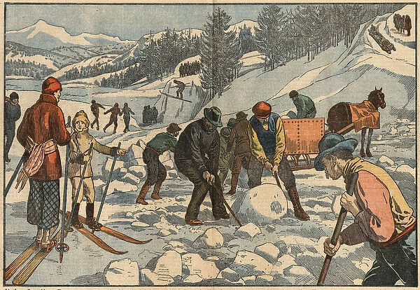 Alpine inhabitants collect ice blocks in winter for the summer