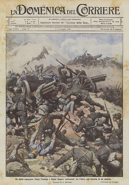 The Alpine troops take over Malga Fossetta and Monte Maybe, capturing, among other things, a battery of six cannons (colour litho)
