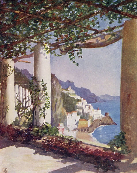 Amalfi from the terrace of the Cappucini Hotel, Autumn (colour litho)