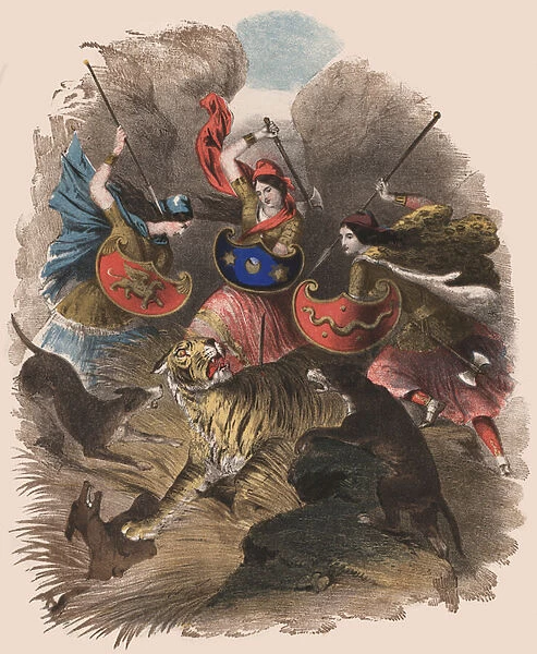 Amazons hunting a tiger (colour litho)