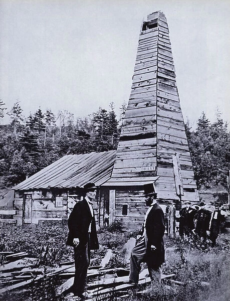 American businessman Edwin Drakes oil well, the first in the United States, Titusville, Pennsylvania, 1859 (b  /  w photo)