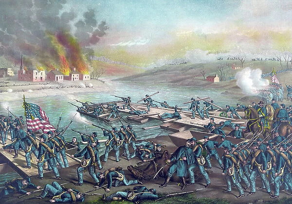 American Civil War 1861-1865: Battle of Fredericksburg, Virginia, 11-15 December 1862. Army of the Potomac (Union) under Burnside crossing the Rappahannock, 13 December. Confederate victory under Lee. Kurz & Allison c1888