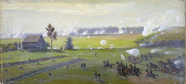 American Civil War 1861-1865: Battle of Gettysburg 1-3 July 1863 which ended Lee's invasion of the North. Heaviest US casualties than in any other in the war. Oil, 1865 / 1895. Edwin Forbes (1839-1895) American artist. Military Artillery