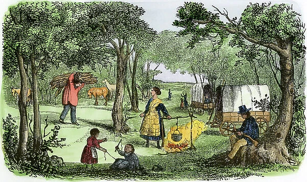 American daily life: pioneer camps, with their carts, on the Great Plains, preparing for the night along the Great Oregon Trail, the main land route across the Rockies, circa 1850