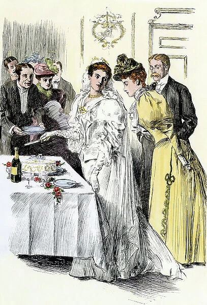 American daily life: young bride cutting the cake at the reception for her wedding, surrounded by invited guests, gathering around the banquet table and a bottle of champagne, circa 1890. Engraving in colour, from 19th century illustration