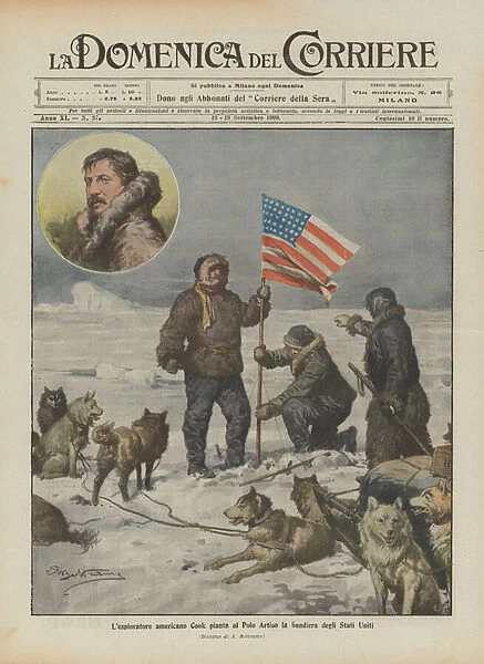 American explorer Cook plants the United States flag at the Arctic Pole (colour litho)