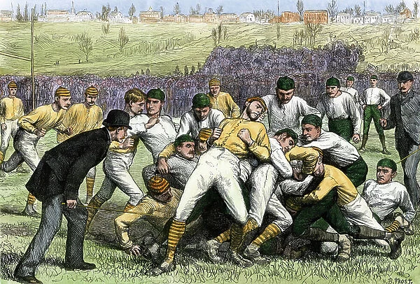 American football match between students from Yale and Princeton Universities on Thanksgiving Day in 1879. Illustration 19th century. Engraving on wood colour